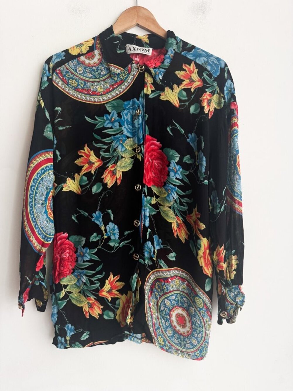 Vintage Axiom Sheer Dark Florals Maximalist Print Ling Sleeve Blouse M